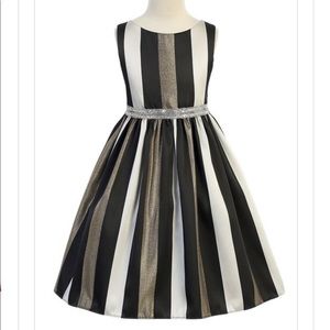 Stunning stripe dress with gold metallic accent & thick shiny rhinestone trim.